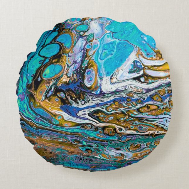 Blue Beach, River Water und Stone abstrakte Kunst Rundes Kissen (Vorderseite)