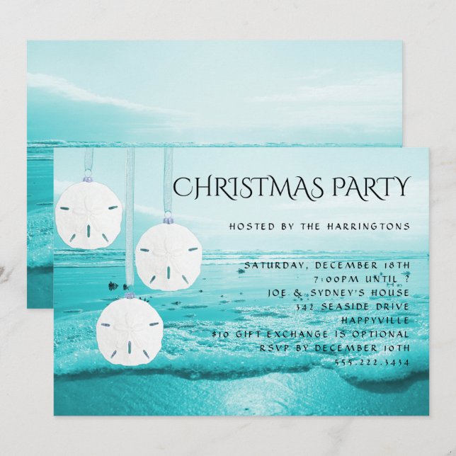 Blue Beach Sand Dollars Weihnachtsfeierliche Party Einladung (Vorne/Hinten)
