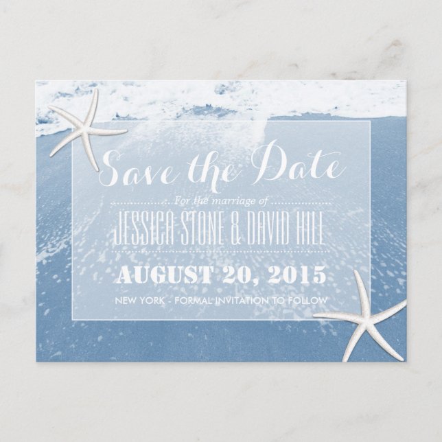 Blue Beach & Starfish Save the Date Ankündigungspostkarte (Vorderseite)