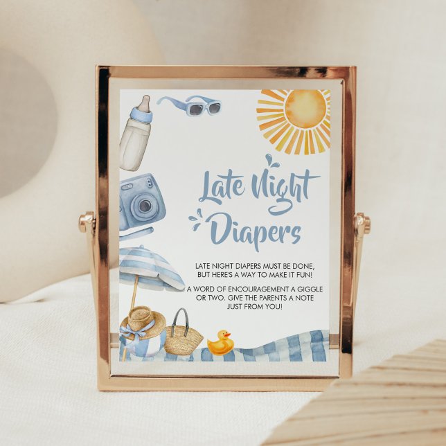Blue Beach Summer Baby Dusche Spate Night Diapers Poster (Boy Splish Splash Baby Shower Late Night Diapers Sign)
