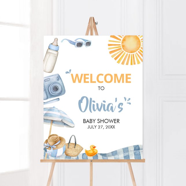 Blue Beach Summer Baby Dusche Willkommen Poster (Boy Splish Splash Baby Shower Welcome Sign)