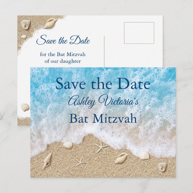 Blue Beach Waves Bat Mitzvah Save the Date Einladungspostkarte (Vorne/Hinten)