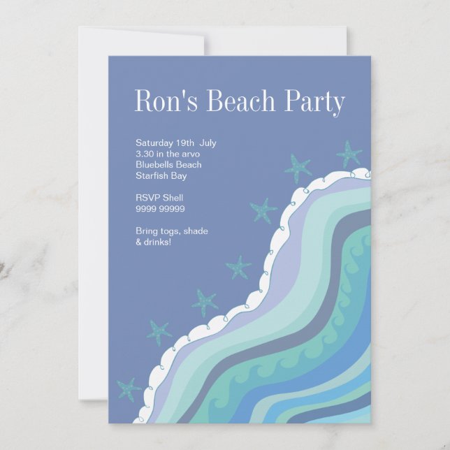 Blue Beach Waves Starfish Summer Party Invitation (Devant)