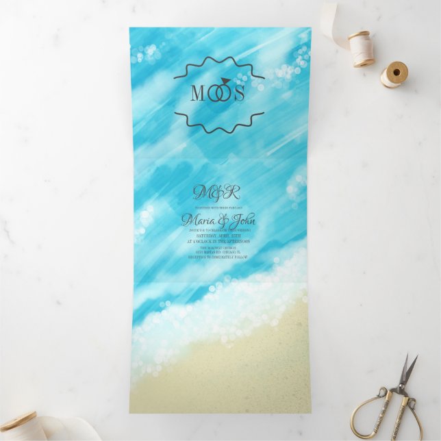 Blue Beach Waves und Sand Bokeh Lights Dreifach Gefaltete Einladung (Innenseite)