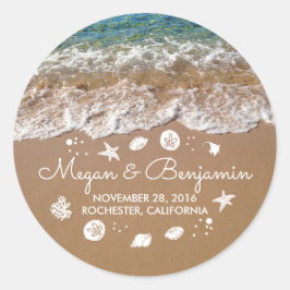 Blue Beach Waves und Sand Romantic Summer Wedding Runder Aufkleber