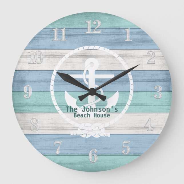 Blue Beach Wood Nautical Stripes & Anchor Large C Große Wanduhr (Vorderseite)