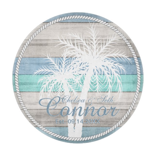 Blue Beach Wood Nautical Stripes & Palm Trees Schneidebrett (Vorderseite)