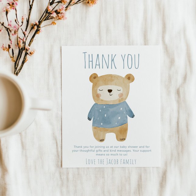 Blue Bear Baby Dusche Niedlich vielen Dank Dankeskarte (Simple blue boy sleepy bear "Thank you" baby shower card.)