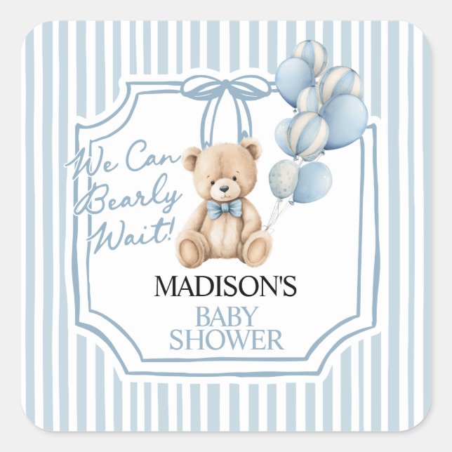 Blue Bear Baby Shower  Quadratischer Aufkleber (Vorderseite)