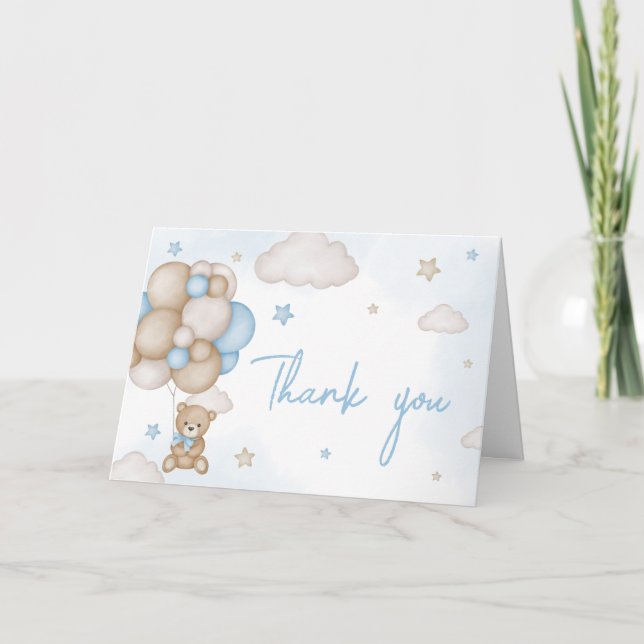 Blue Bear Balloon Baby Dusche Dankeskarte (Vorderseite)
