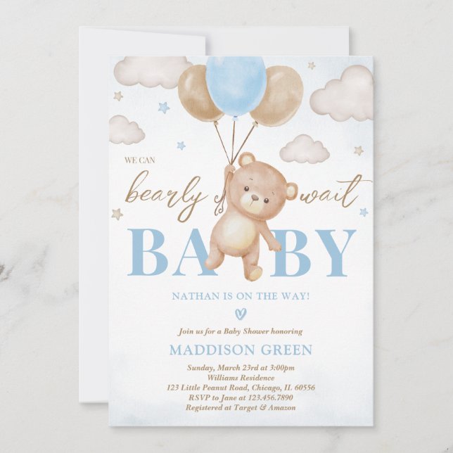 Blue Bear Balloon Baby Dusche Einladung (Vorderseite)