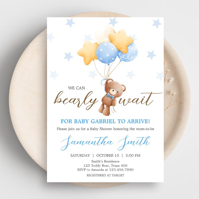 Blue Bear Balloon Baby Dusche Einladung (Boy We Can Bearly Wait Balloon Baby Shower Invitation)
