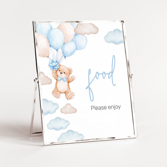 Blue Bear Balloon Baby Dusche Food Poster (Blue Baby Bear Balloon Baby Shower Food Sign)