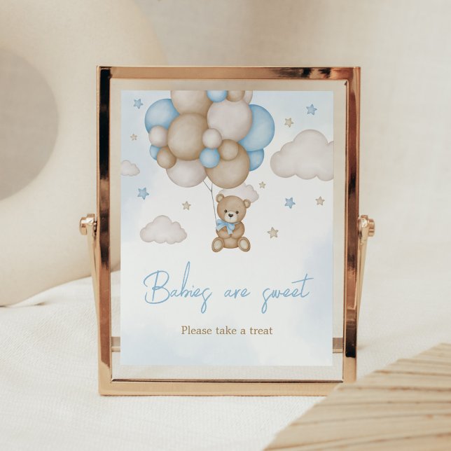 Blue Bear Balloon Baby Shower Babys sind süß Poster (Teddy Bear Balloon Baby Shower Babies are Sweet Sign)