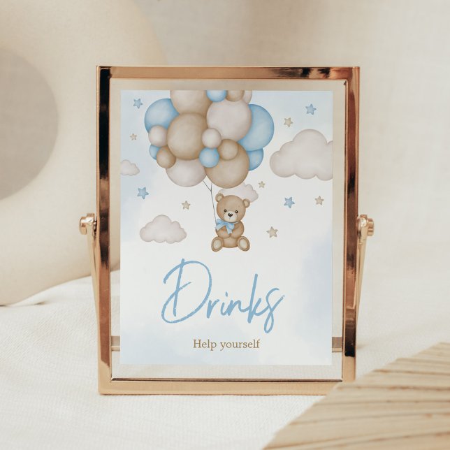 Blue Bear Balloon Baby Shower Drinks Poster (Teddy Bear Balloon Baby Shower Drinks Sign)
