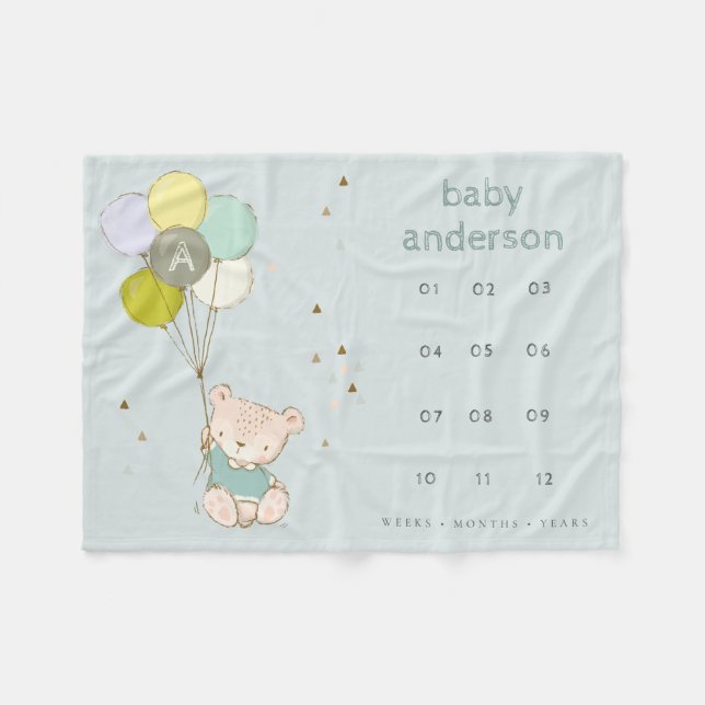 Blue Bear Balloon Boys Monogram Baby Milestone Fleecedecke (Vorderseite (Horizontal))