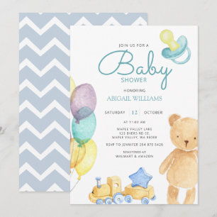 Blue Bear & Balloon Wasserfarbe - Niedliche Babydu Einladung