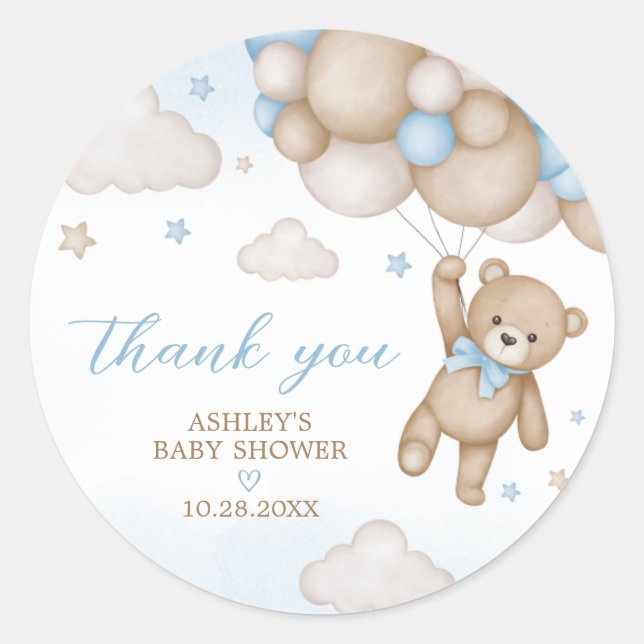 Blue Bear Balloons Baby Dusche Runder Aufkleber (Vorderseite)