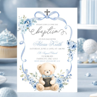 Blue Bear Baptism Bow Coquette Invitation Einladung