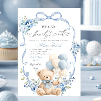 Blue Bear Bow Coquette Baby Shower Invitation Einladung