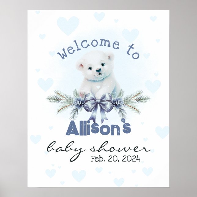 Blue Bear Cub Niedlich Baby Dusche Begrüßungszeich Poster (Vorne)