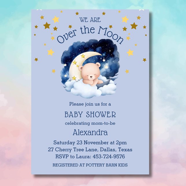 Blue Bear Gold Stars über der Mond Baby Dusche Einladung (Von Creator hochgeladen)