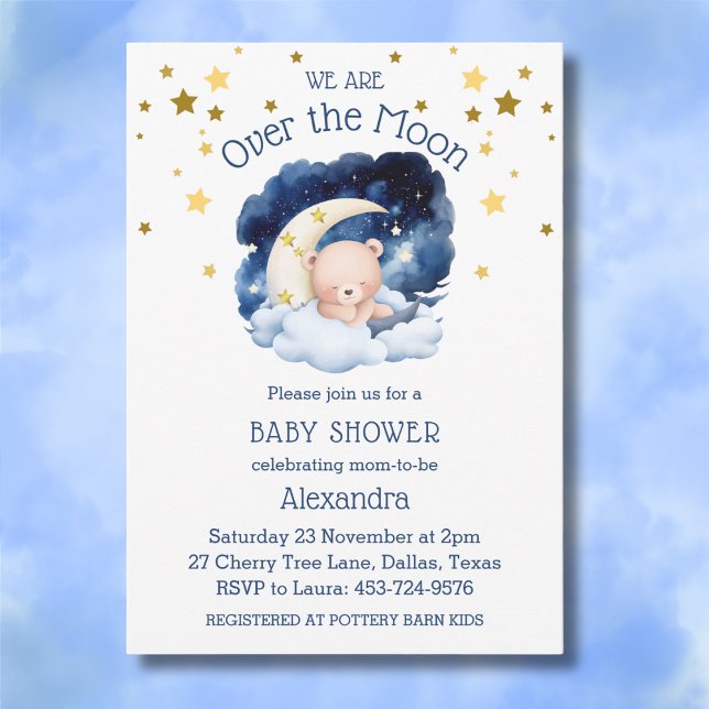 Blue Bear Gold Stars über der Mond Baby Dusche Einladung (Von Creator hochgeladen)
