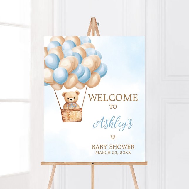 Blue Bear Hot Air Ballon Babydusche Willkommen Poster (Boy Boho Bear Baby Shower Welcome Sign)