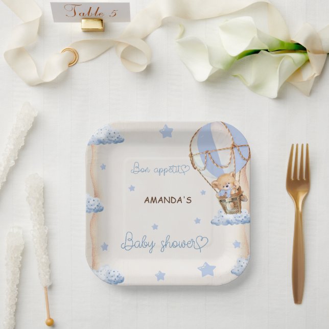 Blue Bear Hot Air Balloons Babydusche Rustikal Pappteller (Hochzeit)