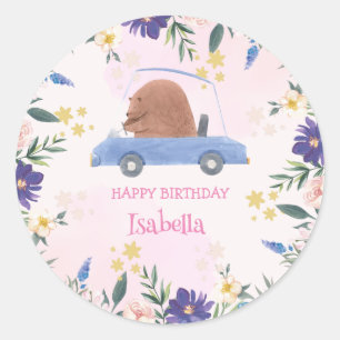 Blue Bear Race Car Tropical Blume Geburtstagsparty Runder Aufkleber