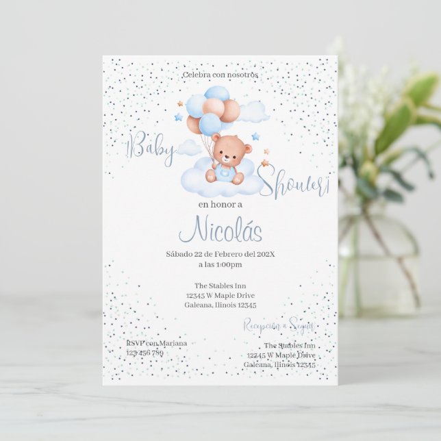Blue Bear Spanish Baby Shower Boy Einladung (Stehend Vorderseite)