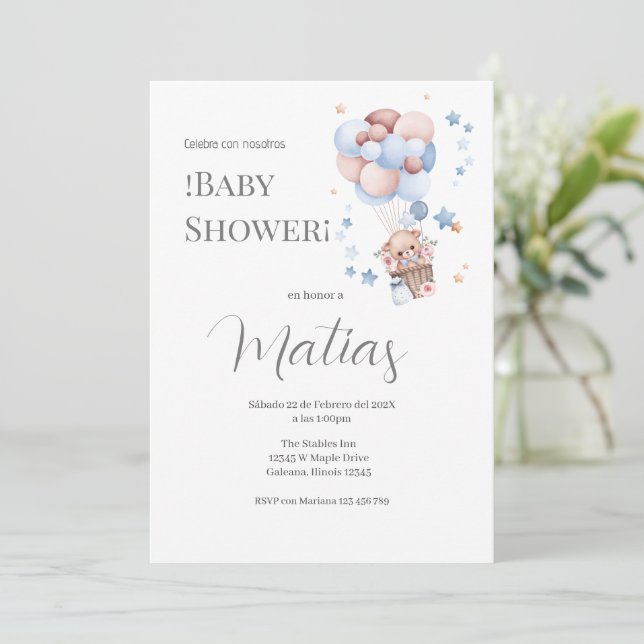 Blue Bear Spanish Baby Shower Boy invitation Einladung (Stehend Vorderseite)
