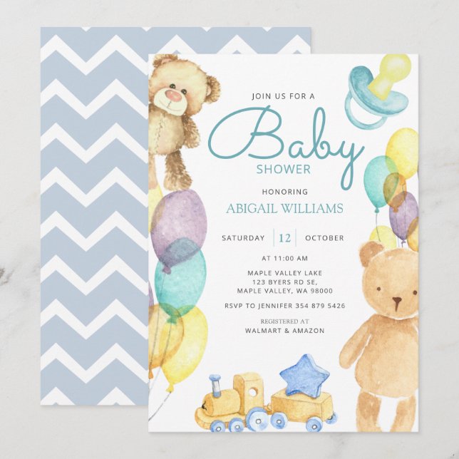 Blue Bears & Balloon Wasserfarbe - Niedliche Babyd Einladung (Vorne/Hinten)