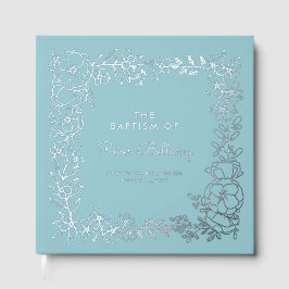Blue Beautiful Silver Floral Frame Boy Taufe Gästebuch