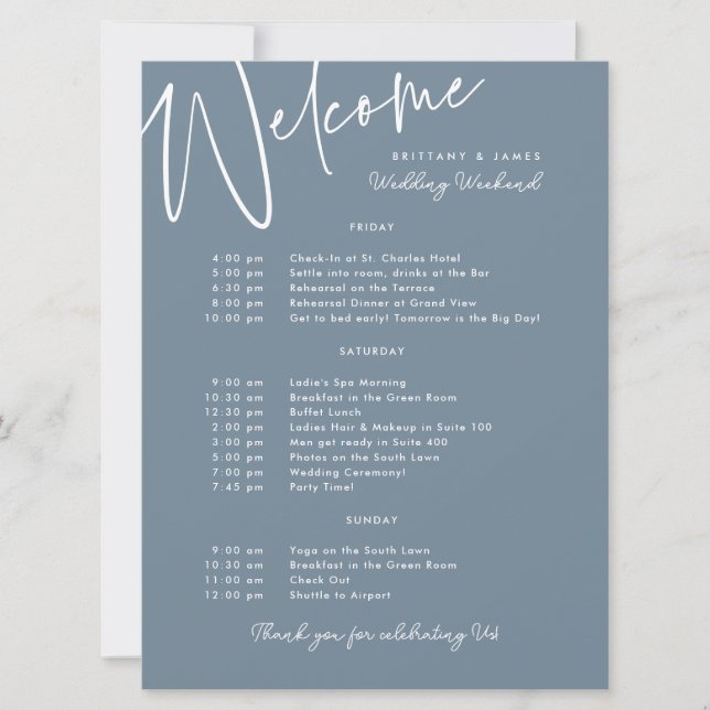 Blue Begrüßungskarte für das Hochzeitwochenende Einladung (Vorderseite)