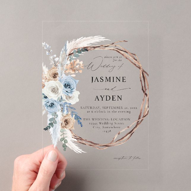Blue & Beige Boho Blumenzeremonie Acryleinladungen (Insitu (Handheld))