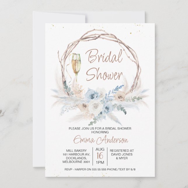 Blue Beige Boho Floral Pampas Grass Brautparty Einladung (Vorderseite)