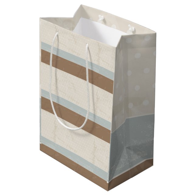 Blue Beige Brown Soft Polka Dots Retro Hintergrund Mittlere Geschenktüte (Rückseite Schrägansicht)
