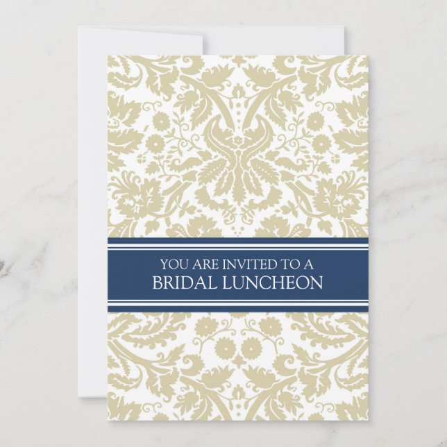 Blue Beige Damask Bridal Lunch Einladung (Vorderseite)