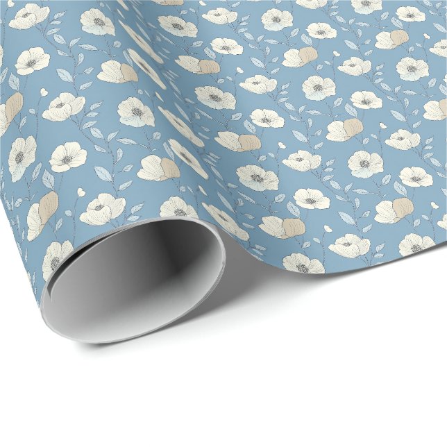 Blue Beige Floral Birthday Bridal Baby Shower Geschenkpapier (Rolleneckpunkt)