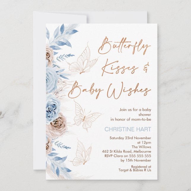 Blue Beige Floral Butterfly Kisses Baby Dusche Einladung (Vorderseite)