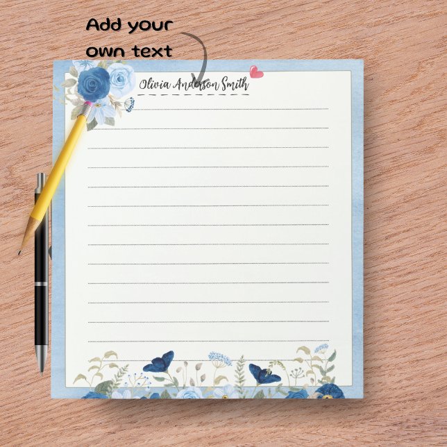 Blue Beige Floral Heart Custom Name Notepad Notizblock (Blue Beige Floral Heart Custom Name Notepad)