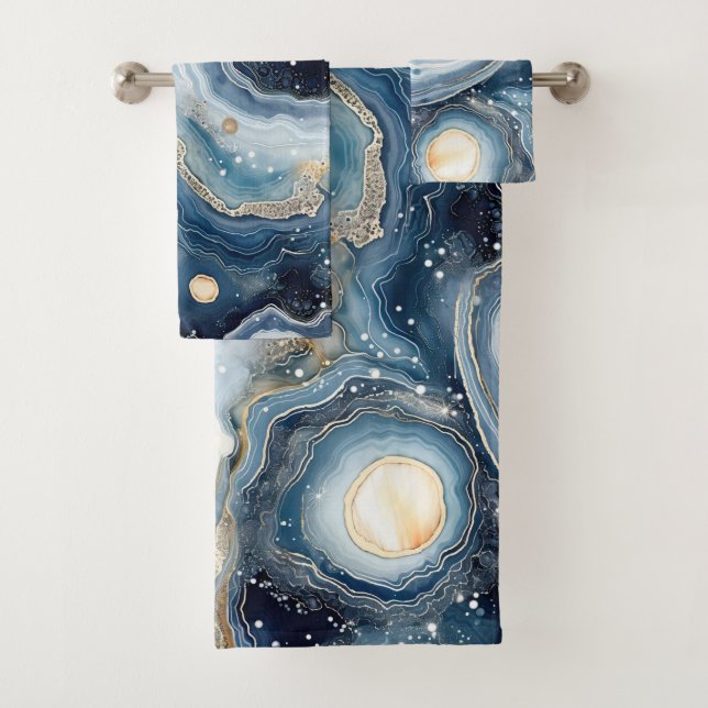 Blue Beige Geode Abstract with Gold Swirls Badhandtuch Set (Insitu)