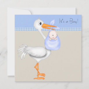 Blue Beige Gingham Stork Baby Boy Dusche Einladung