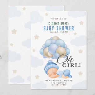 Blue Beige Modern Girl mit Balloons Babydusche Einladung