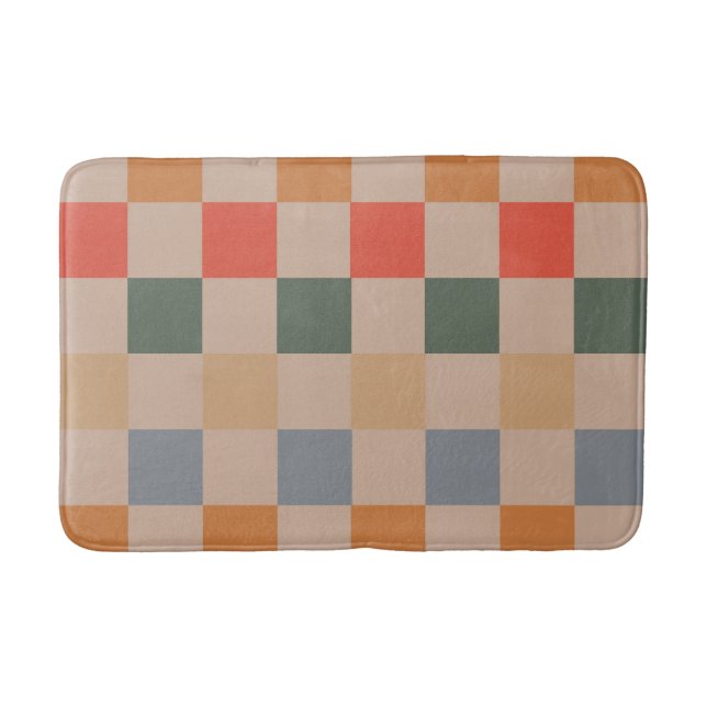 Blue Beige Orange Brown Checkered Gingham Pattern Badematte (Vorderseite)