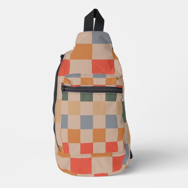 Blue Beige Orange Brown Checkered Gingham Pattern Crossbody Bag (Vorderseite)