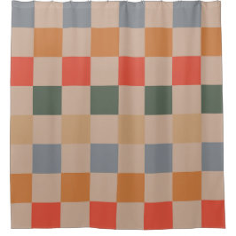 Blue Beige Orange Brown Checkered Gingham Pattern Duschvorhang