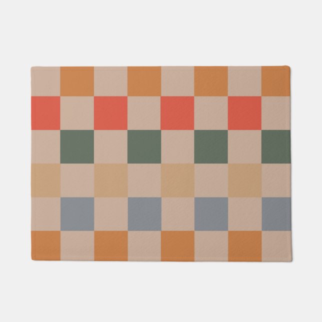 Blue Beige Orange Brown Checkered Gingham Pattern Fußmatte (Vorderseite)