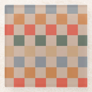 Blue Beige Orange Brown Checkered Gingham Pattern Glasuntersetzer